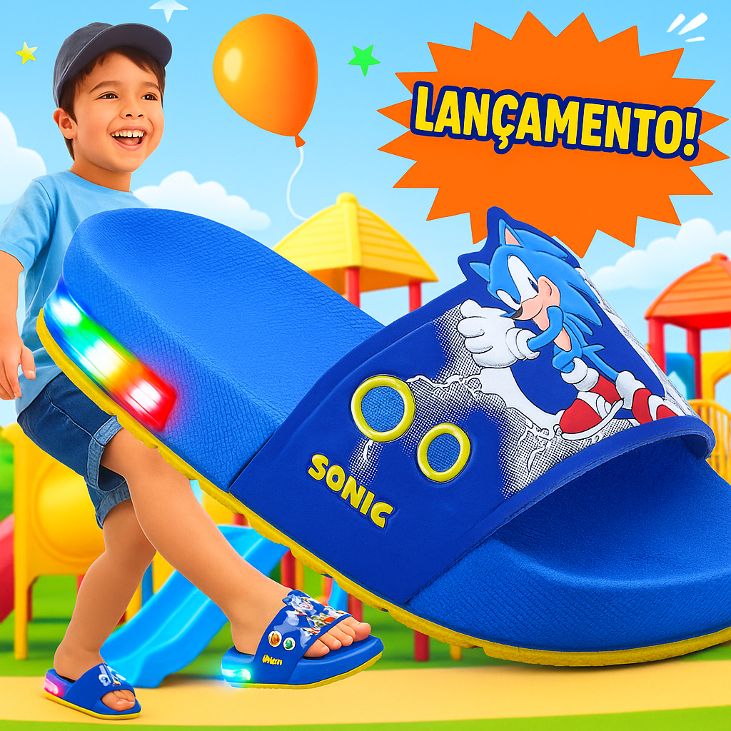 Chinelo Slide de LED Infantil com Sonic e Aranha Super Conforto, Leveza e Segurança