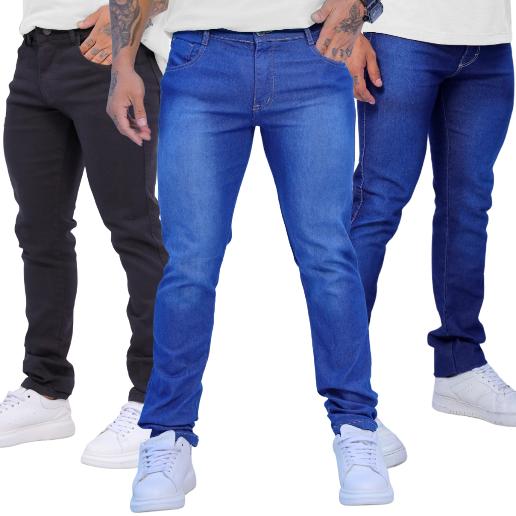 Kit 3 Calça Jeans Skinny Masculina Slim Lycra Original Elastano Qualidade Premium