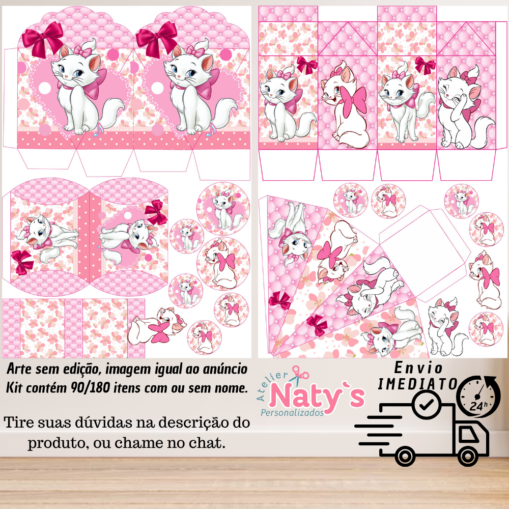 KIT COM 90/180 ITENS TEMA: GATA MARIE LEMBRANCINHAS COM/SEM NOME - Envio 24H em Oferta na Shopee