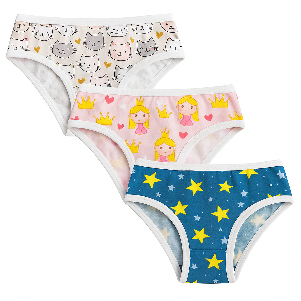 kit com 10 Calcinhas Juvenil Poliéster Estampado para Menina Moça Calcinha Forrada Conforto para o dia a dia.