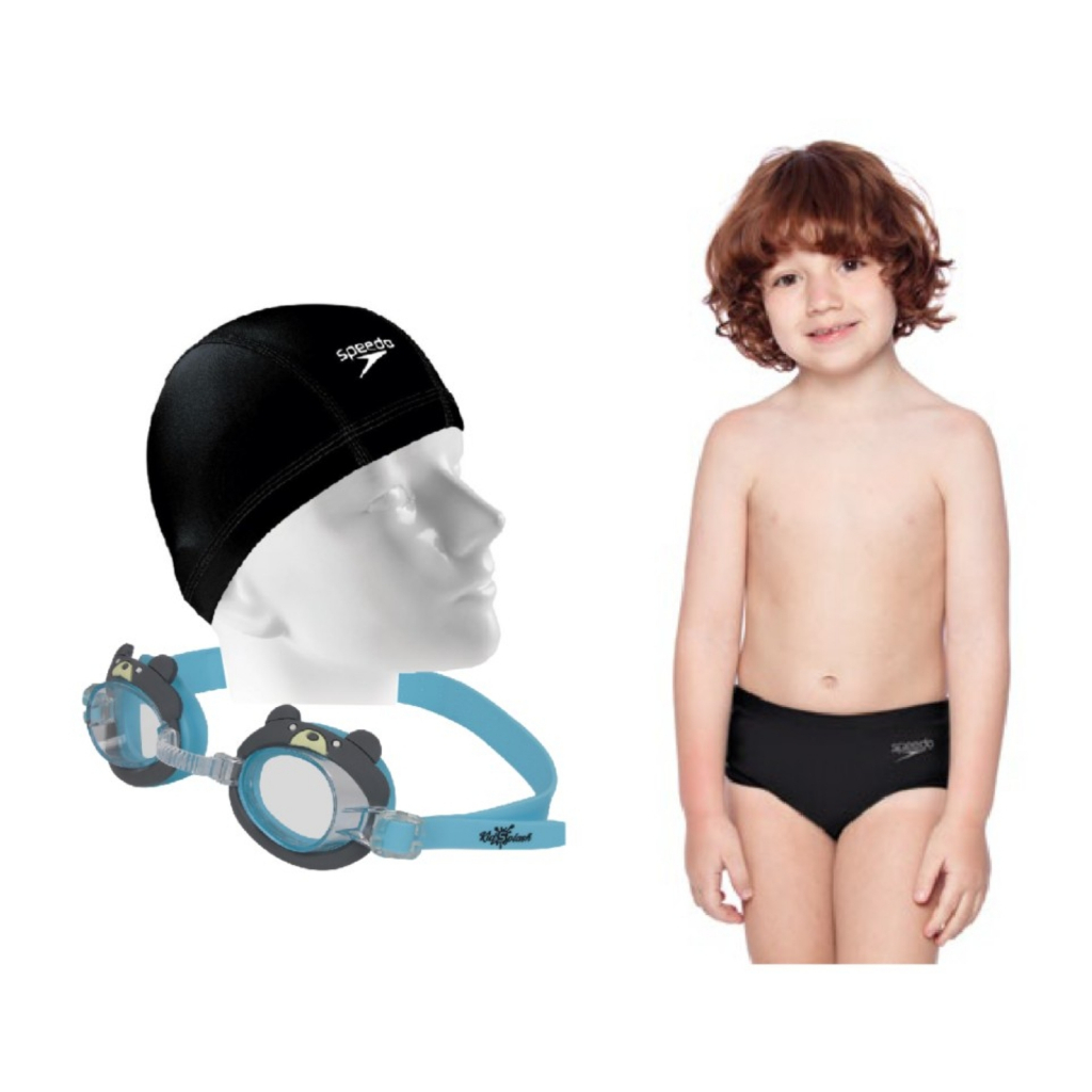 Kit Natação Speedo Sunga Solid Infantil + Óculos Splash Club Antiembaçante + Touca Xtrafit Tecido
