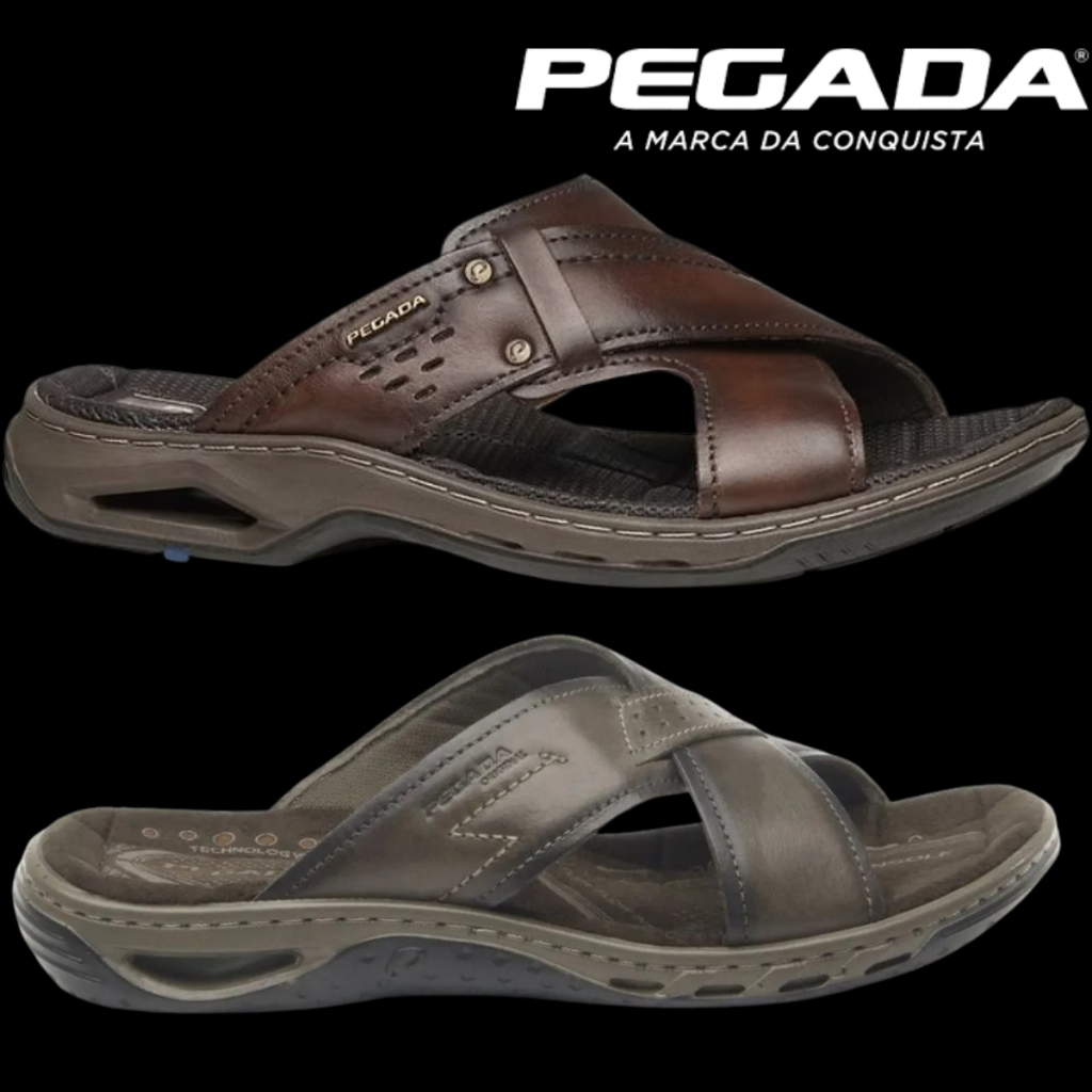 Chinelo Casual Masculino Pegada Couro Legítimo Amortecedor Ortopédico | Produto Original Pegada