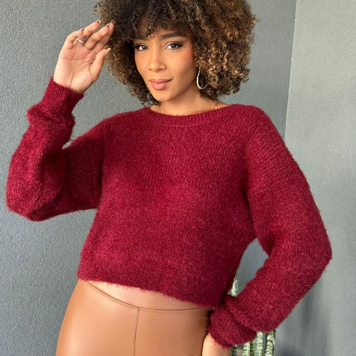 Blusa Feminina Pelinho Angorá Tricot Cropped Grossa e Quente
