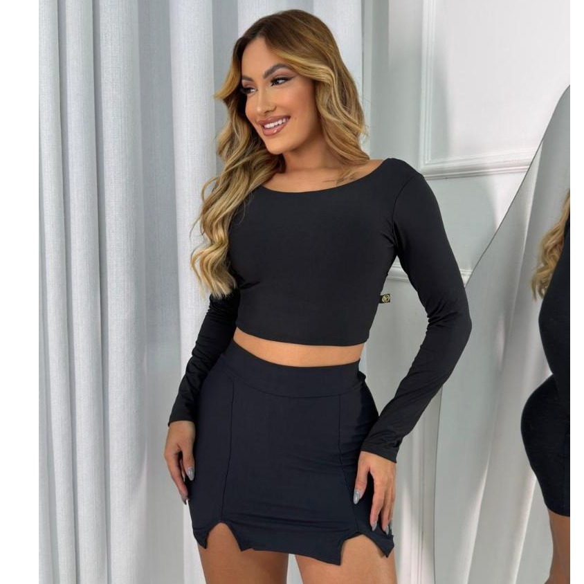 Conjunto Feminino Croped Manga Longa Costas Nua e Saia Curta Gringa com Fenda Tecido Sulpex Inverno Frio Elegante Casual