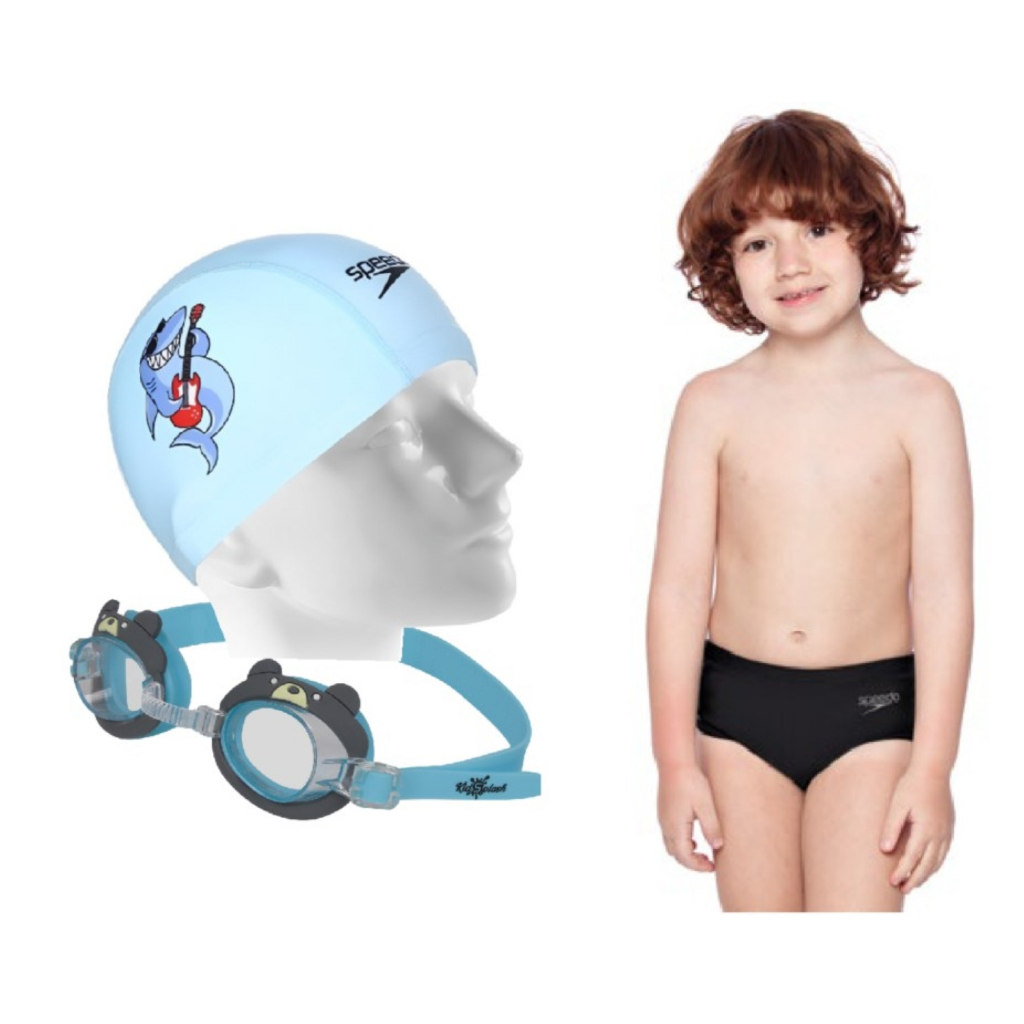Kit Natação Speedo Sunga Solid Infantil + Óculos Splash Club Antiembaçante + Touca Fun Tecido