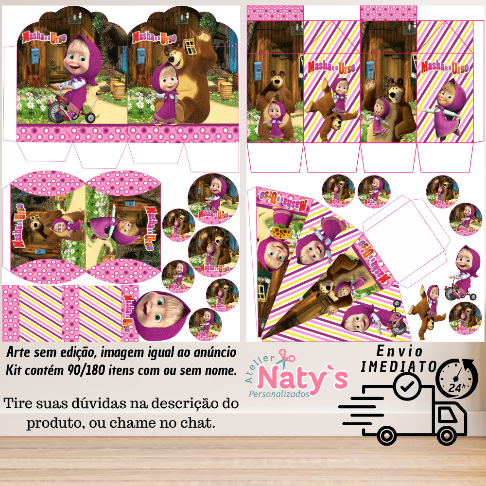 KIT COM 90/180 ITENS TEMA: MASHA E O URSO LEMBRANCINHAS COM/SEM NOME - Envio 24H em Oferta na Shopee