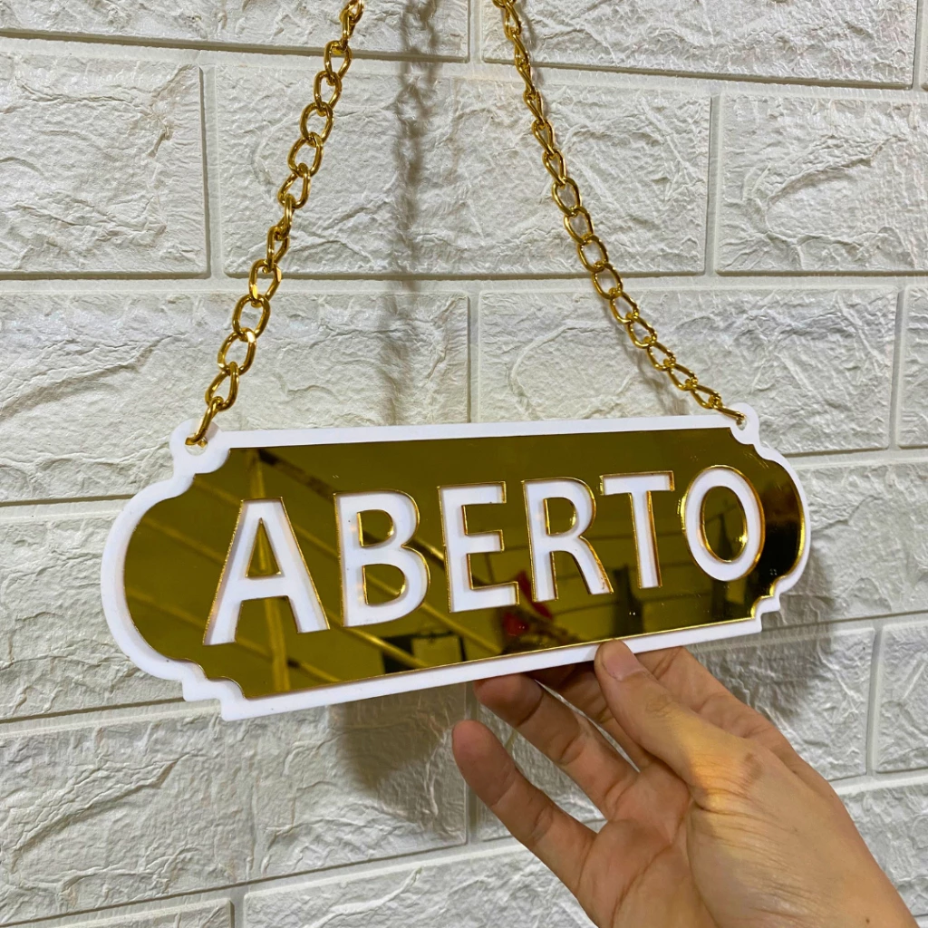 PLACA ABERTO E FECHADO COM CORRENTE E VENTOSA EM ACRILICO ESPELHADO — imagem 1