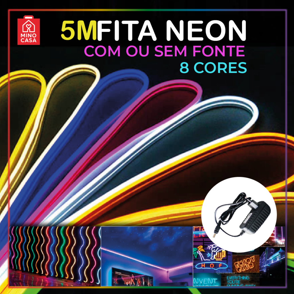 Fita de LED Mangueira Neon 5 Metros IP65 Flexível Com ou Sem Fonte | 8 Cores