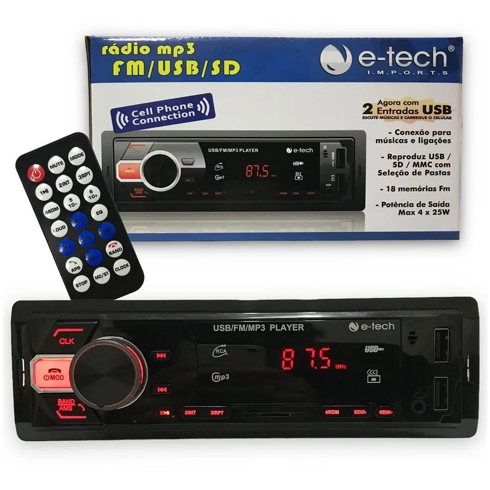 Radio MP3 E-tech Aparelho De Som Com Bluetooth Usb Sd Automotivo