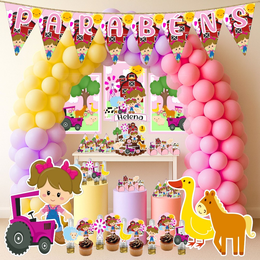 Kit Festa Aniversário Personalizado Fazendinha ROSA 78 itens-Decoração Mesversário Lembrancinhas