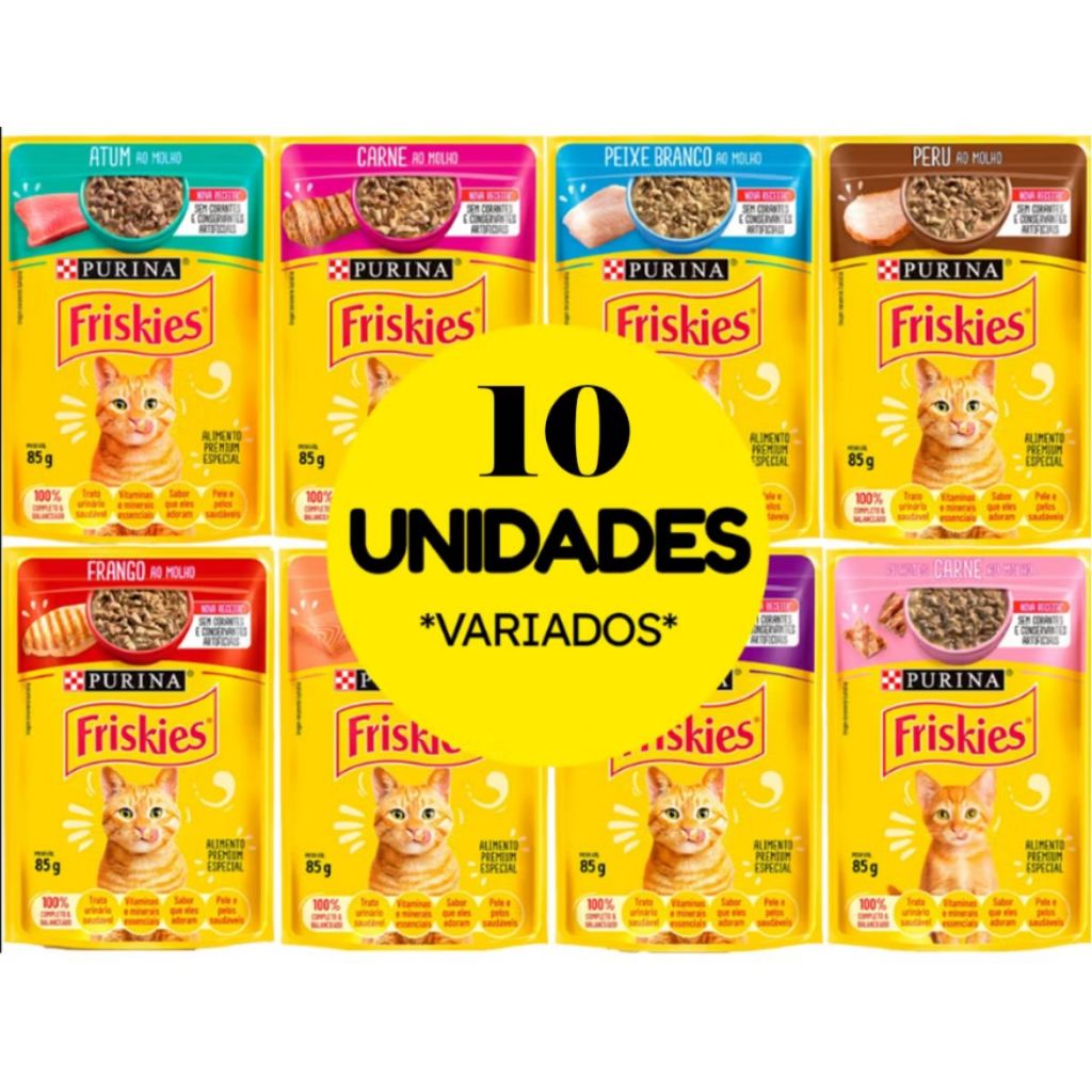 Kit 10 Sachês Friskies Gatos Adultos - SABORES VARIADOS - 85g Alimento Úmido