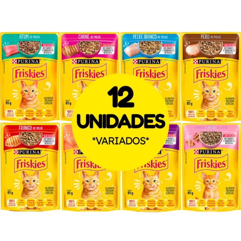 KIT 12 Sachês Friskies Gatos Adultos SABORES VARIADOS -  85g cada - Alimento Úmido