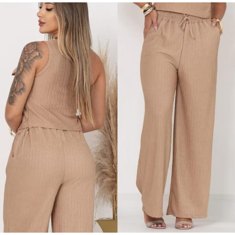 Calça Pantalona Feminina Social Tecido Anarruga Malha Importada Tendência Cintura Alta Perna Larga