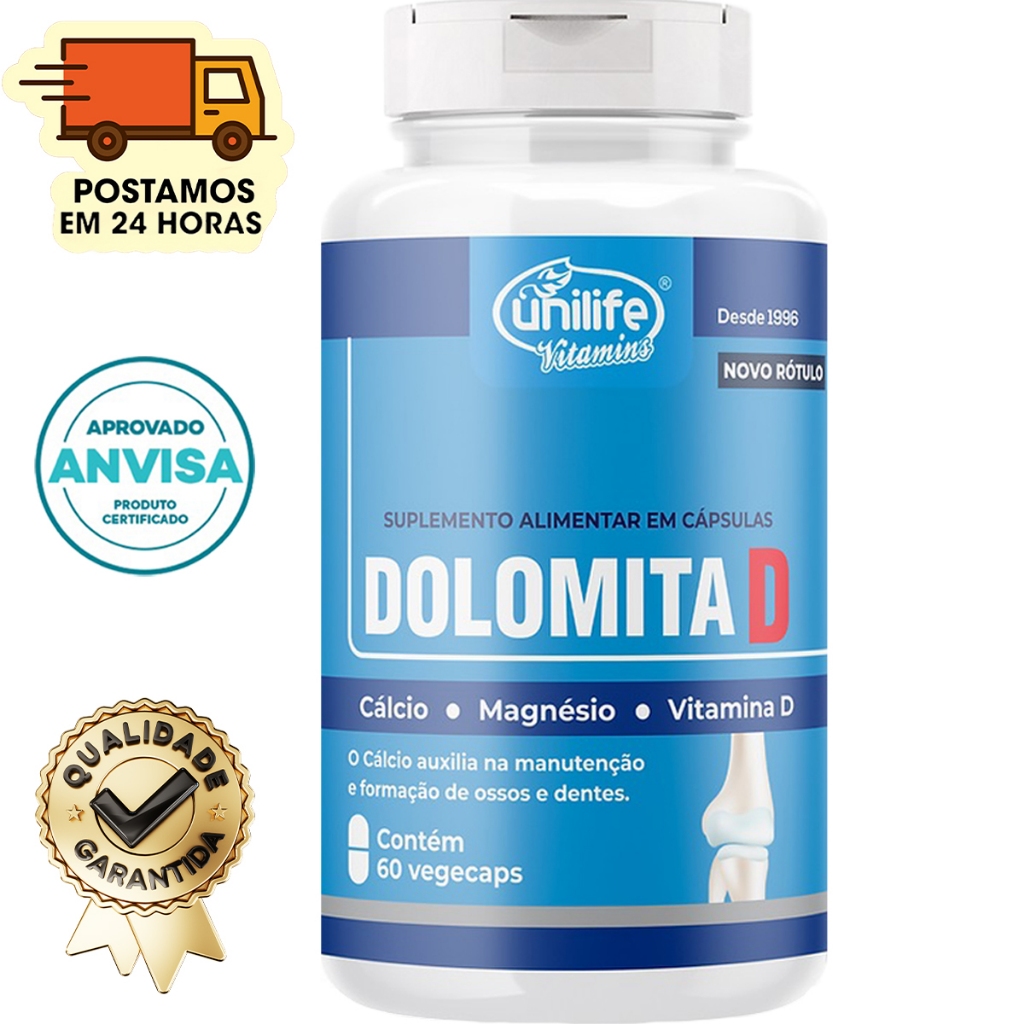 Dolomita D - Cálcio + Magnésio + Vitamina D3 - 60 Cápsulas 950mg - Unilife em Oferta na Shopee