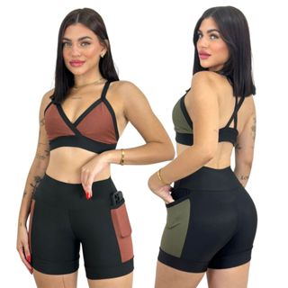 Conjunto Feminino Academia Fitness Top Short com Bolso em Oferta na Shopee