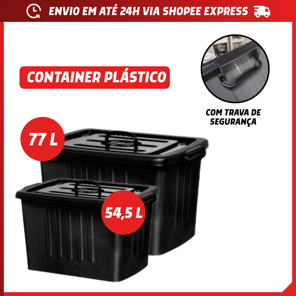 Container Plástico Preto 54, 77 Litros Organizador Resistente Plástico Travas Segurança