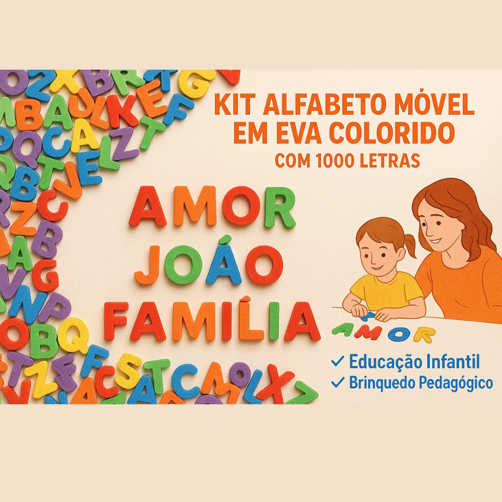 Kit Alfabeto em EVA com 1000 Letras Coloridas  20 Alfabetos Completos Educativo Infantil