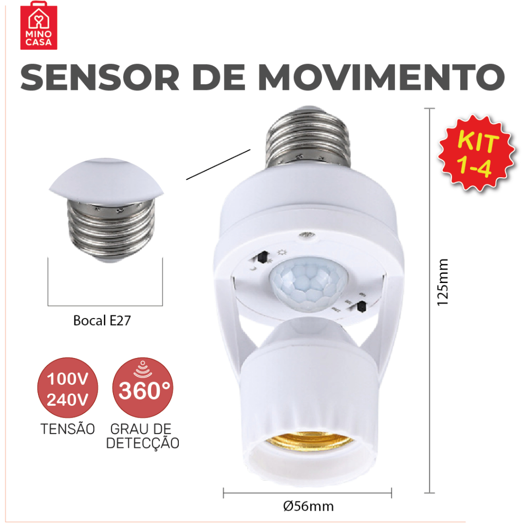 Kit 4 Sensor de Movimento para lâmpada Soquete E27 c/ sensor de presença Bivolt 110V~220V Max 60W