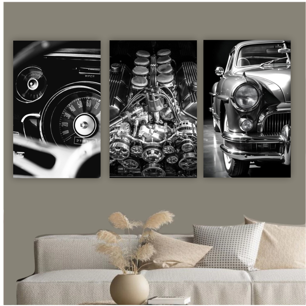 Quadro decorativo carros autopeças mecanico decoração para sala quarto carro motor volante antigo
