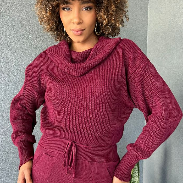 Blusa Tricot Gola Alta Boba Inverno  Manga Longa Elegante Feminina Soltinha Inverno