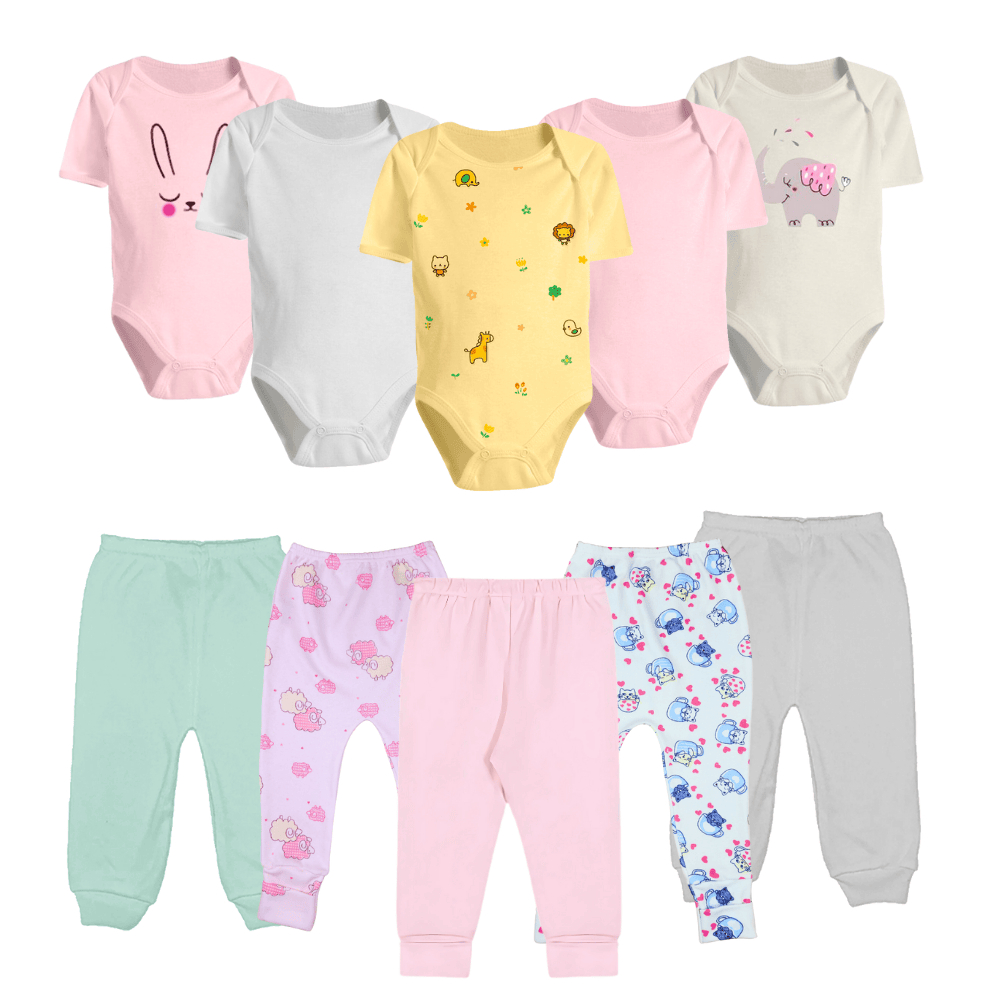 Kit Roupinhas de Bebê 10 Peças Body e Mijão Liso e Estampado