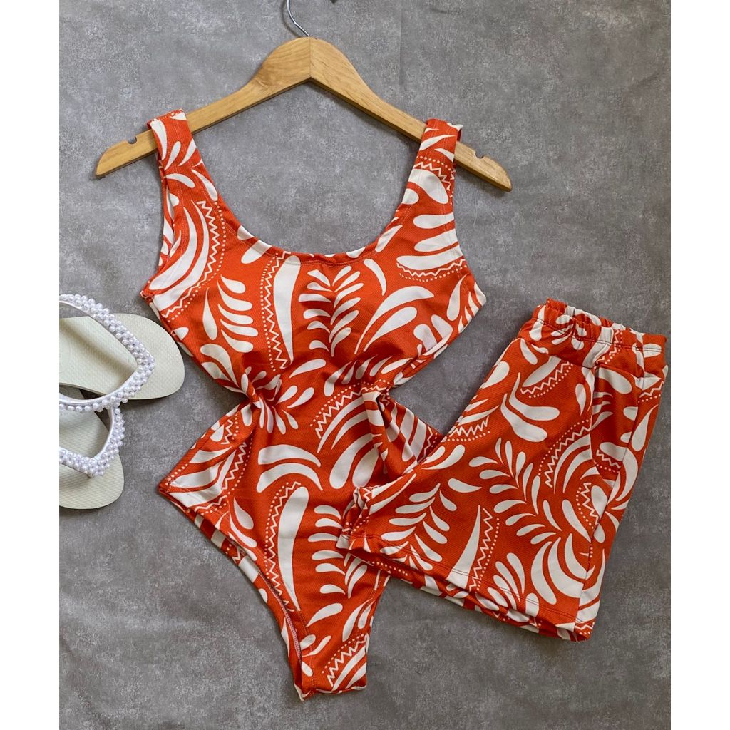 Conjunto Body Maio Suplex Feminino Estampado Short Cintura Alta Verão Tendência Moda Blogueira Bory
