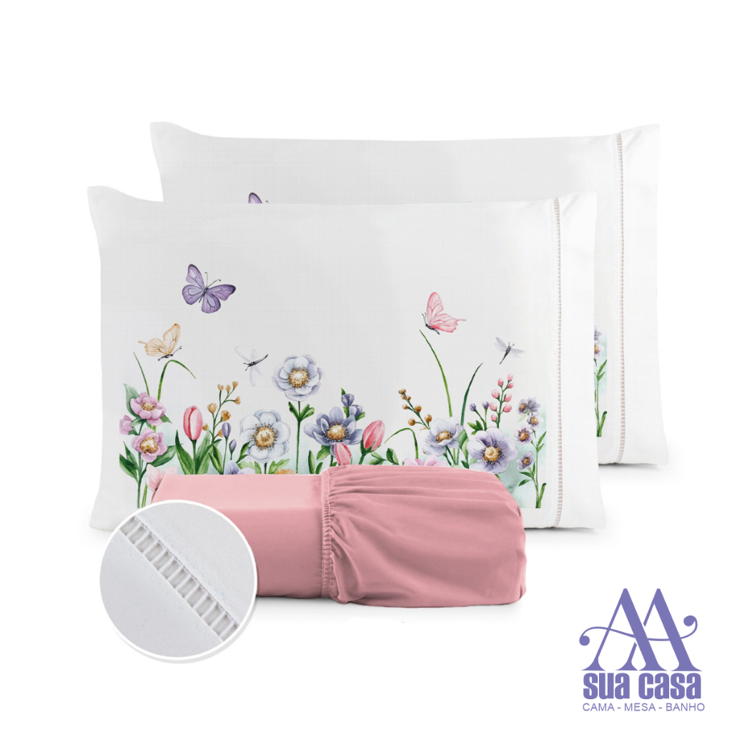 Kit Jogo de Lençol Micropercal 400 Fios Ponto Palito Fronha Estampada