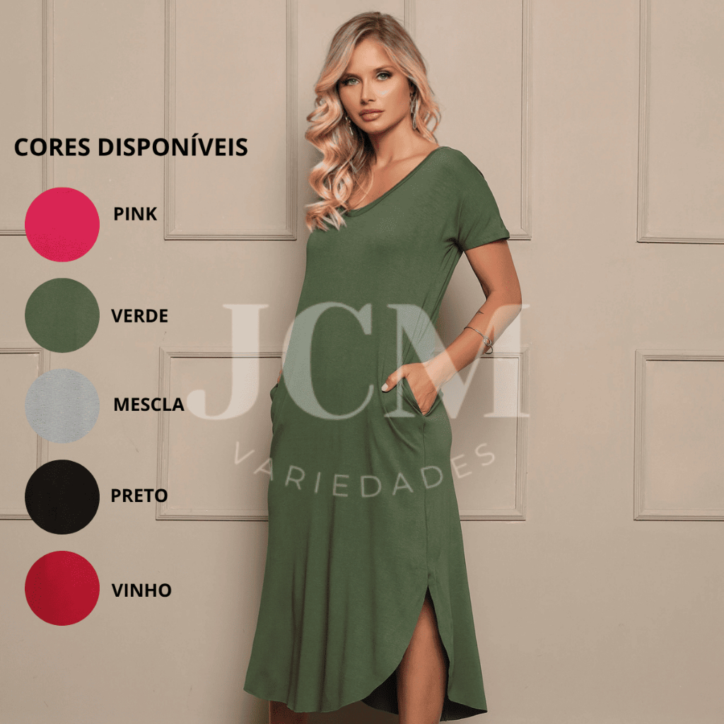 Vestido Feminino Midi com Bolso Viscolycra Camisão Saruel Gola V em Oferta na Shopee
