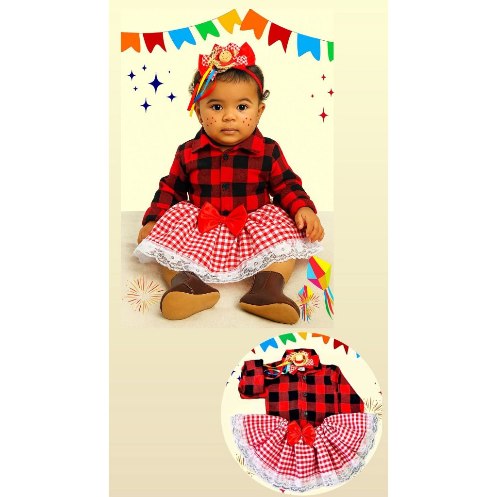 Body Xadrez Bebê Menina Body Xadrez Manga Longa Body Camisa Xadrez Festa Junina Body Festa de São João Roupa Caipira