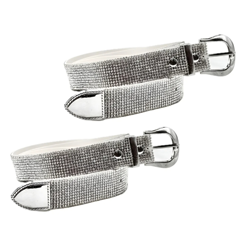 Kit 2 Cintos De Strass Prateado Brilho Feminino Fivela Simples Couro Pu