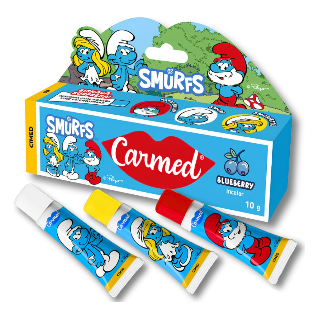 Hidratante Labial Carmed Smurfs Gliter Fini Amora Minhocas Beijos Melancia Maça do Amor Dentadura
