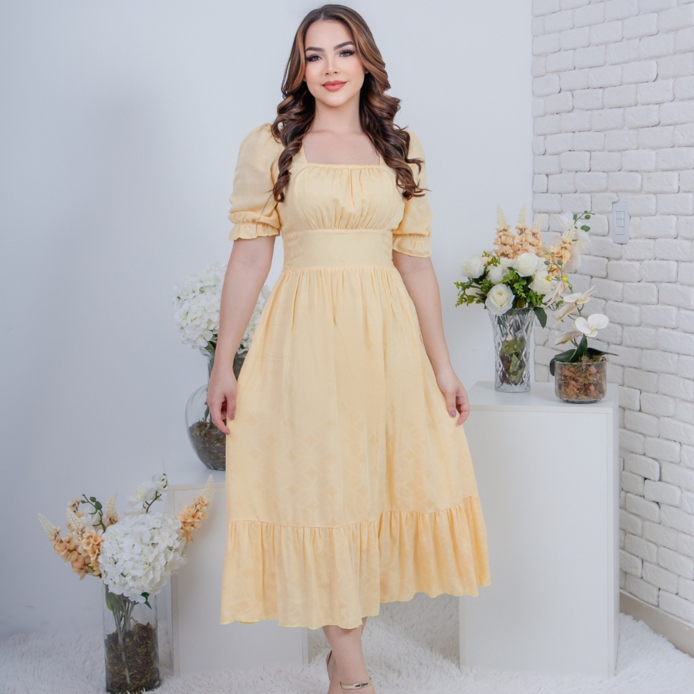 Vestido Midi Feminino Viscolinho Sem Elastano Manga Bufante Saia Babado Elegante Social Tendência