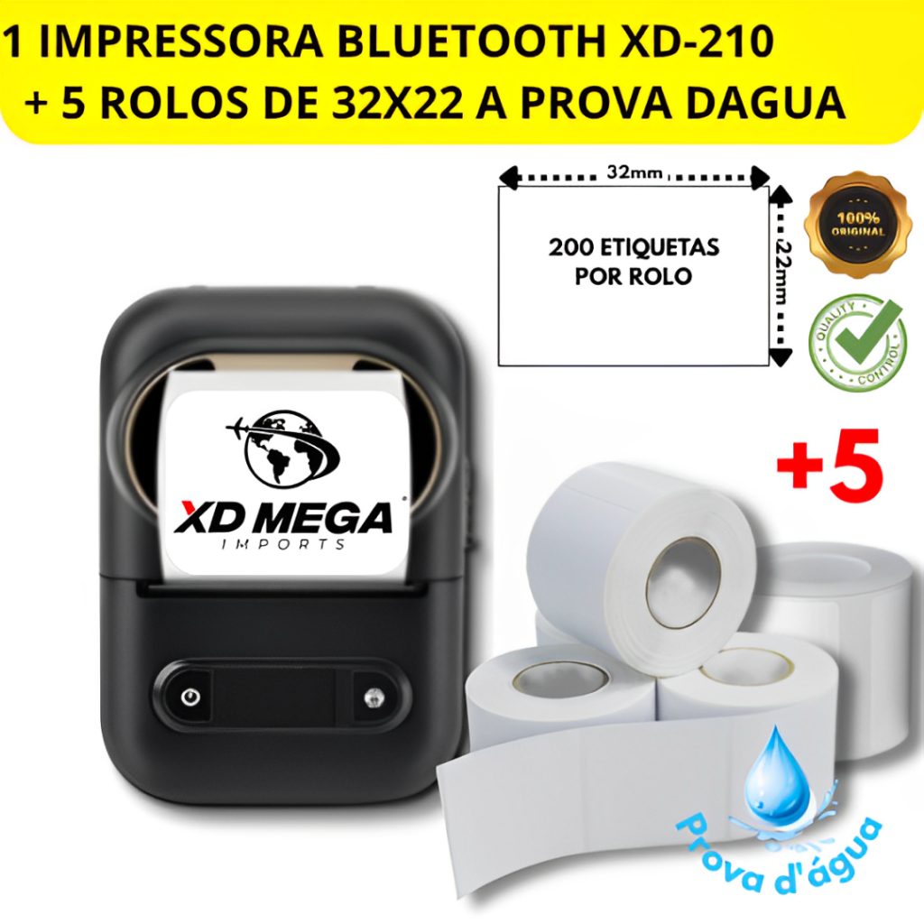 1 Impressora bluetooth portatil Xd-210 + 5 Rolos Etiquetas 32x22 Prova D'água