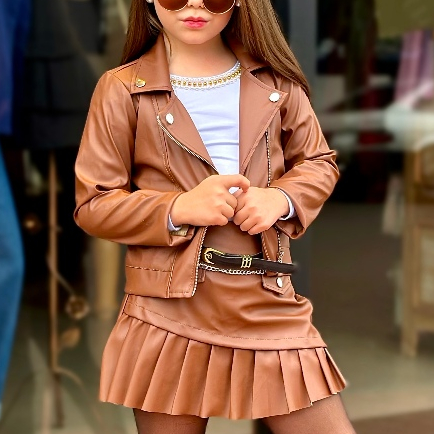 Conjunto Feminino Infantil  Jaqueta Couro Fake +  Saia Plissado Moda Blogueira Luxo Menina