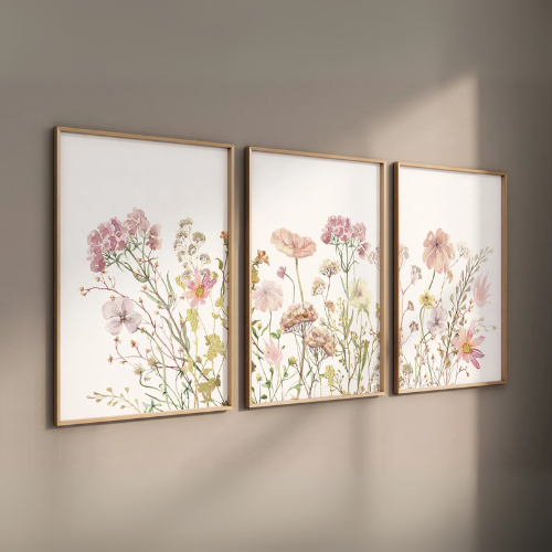 Kit 3 Quadros Decorativos Infantil Jardim Encantado Flores e Floral | Quarto Bebê Menina – Doce Jardim No1