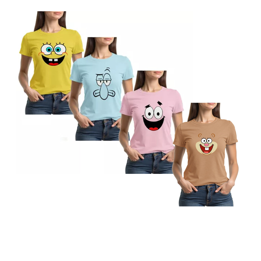 Kit 4 Baby Look Personagens Bob Esponja Camiseta Feminina Tshirt Bob Patrick Lula Sandy