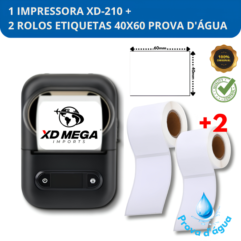 2 Rolos Etiquetas 40x60 Prova D'água + 1 Impressora Xd-210
