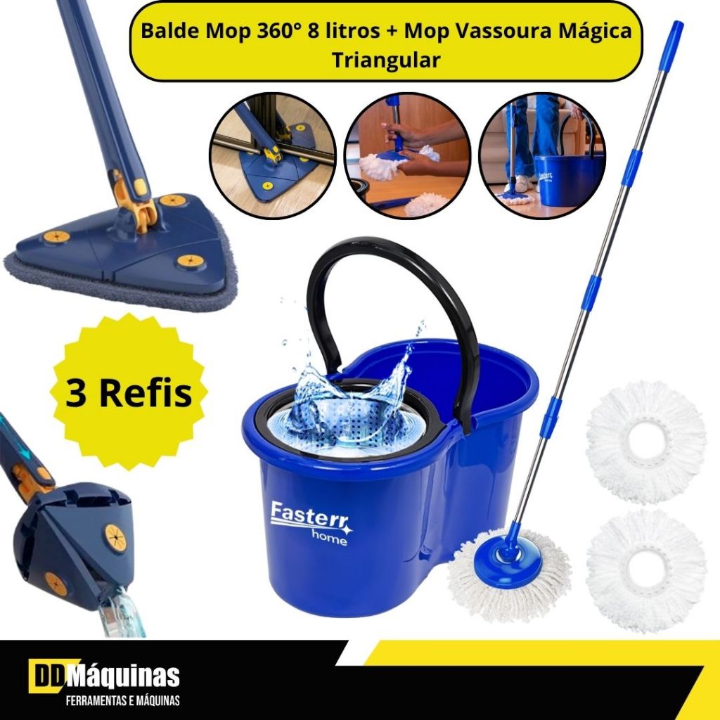 Kit Balde Mop 360° Giratório 8 Litros + Rodo Mop Triangular Lava e Seca - Fasterr - Home & Living