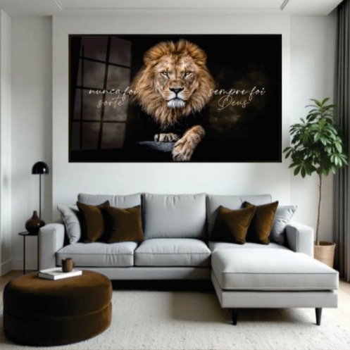 Quadro Decorativo 50x30 Leão De Judá Nunca Foi Sorte Sempre Foi Deus Sala Quarto Escritório Premium