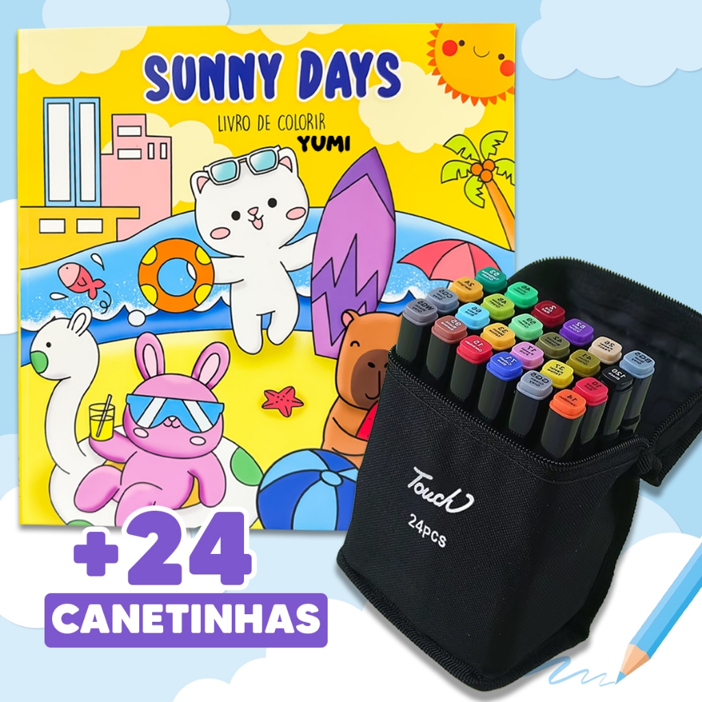 Kit Livro De Colorir Sunny Days Goods - Dias Quentes + Canetinhas Canetas Touch Coloridas Ponta Dupla