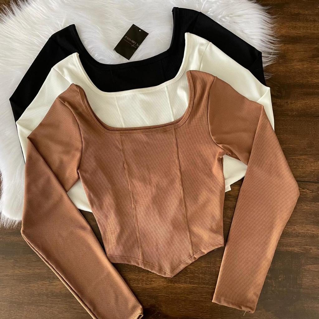 Blusa Cropped Feminino Manga Longa Bico Corselet Decote Quadrado Ribana Canelado Envio em 24 Horas