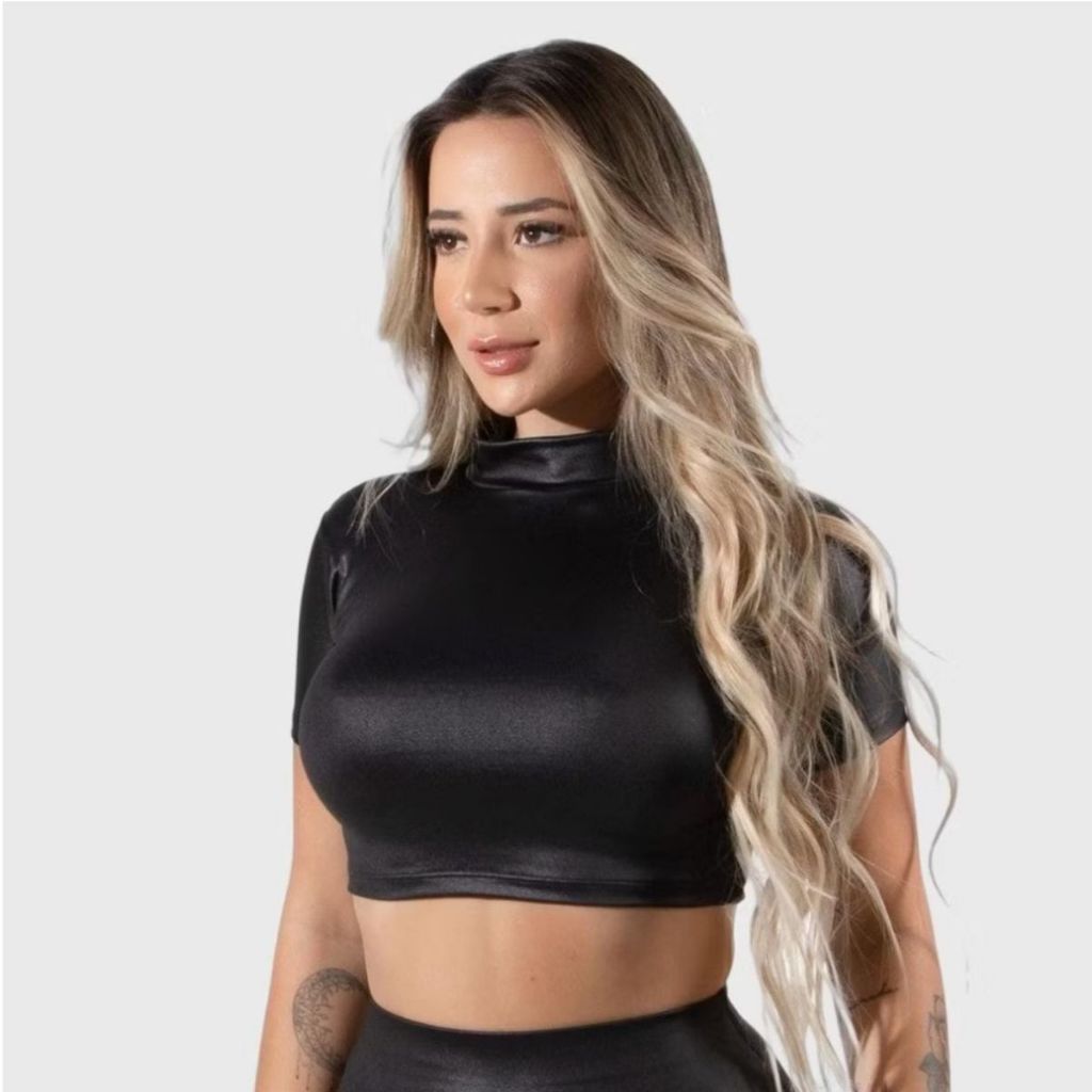 Cropped Cirrê Manga Curta Gola Alta Blusa Feminino Moda Luxo Couro Fake Conforto em Oferta na Shopee