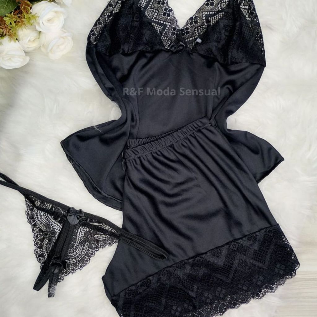 KIT 1 Baby-doll sexy e 1 Calcinha Apressadinha Fio Sexy