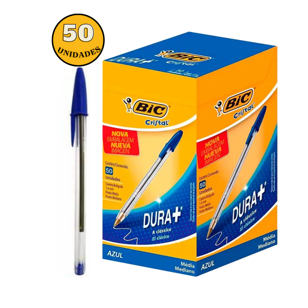 CANETA BIC AZUL CX C/50 UNIDADES 1MM ESFEROGRÁFICA CRISTAL