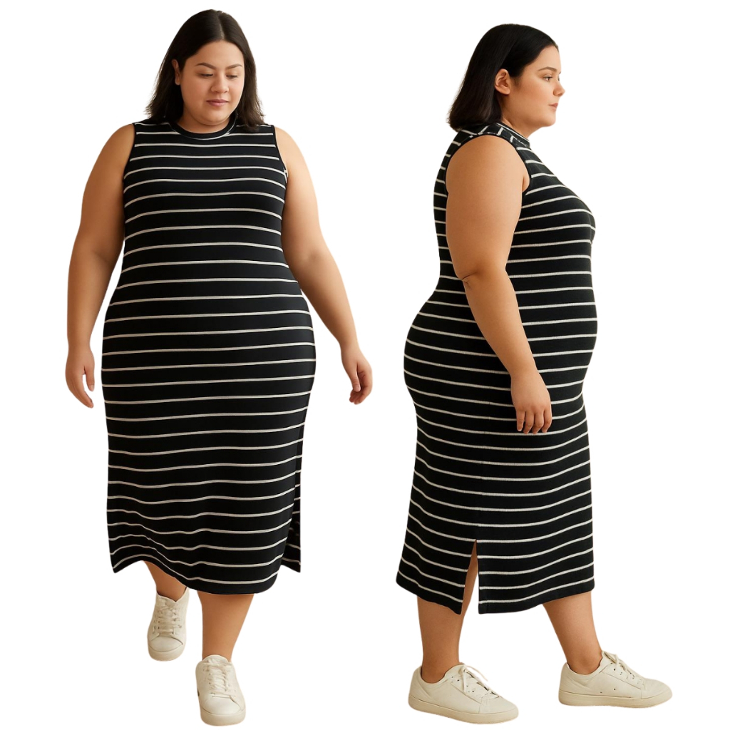 Vestido Listrado Feminino Midi  Plus Size Casual Moderno Com Bolso em Oferta na Shopee