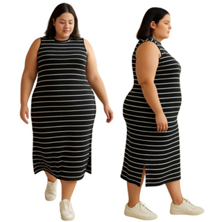 Vestido Listrado Feminino Midi  Plus Size Casual Moderno Com Bolso em Oferta na Shopee