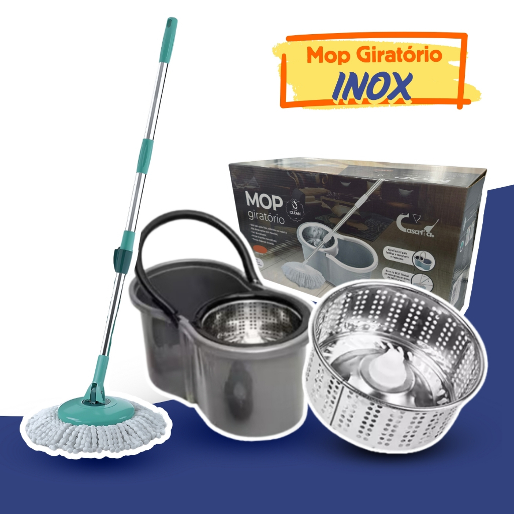 Mop Com Centrifuga Inox e Cabo em Inox Com Refil de Microfibra 9 Litros Mopi