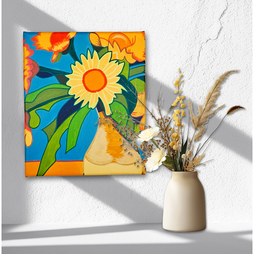 Mini quadro Decorativo De Jarro de Flores Pintado a mão medindo 25x30cm em acrílico