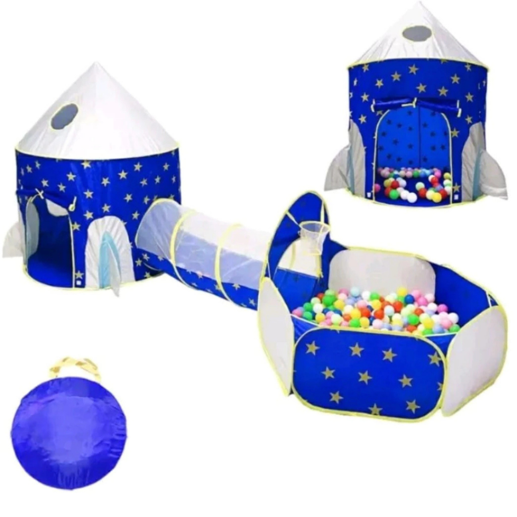 barraca toca tenda infantil 3x1 com tunel e cesta basquete castelo príncipe astronauta foguete azul