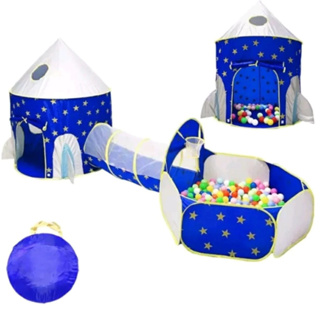 barraca toca tenda infantil 3x1 com tunel e cesta basquete castelo príncipe astronauta foguete azul em Oferta na Shopee